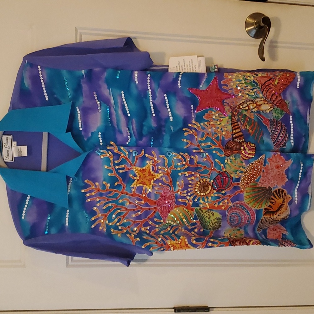 Diane Gilman Ocean Tropical Blouse sz L New NWT